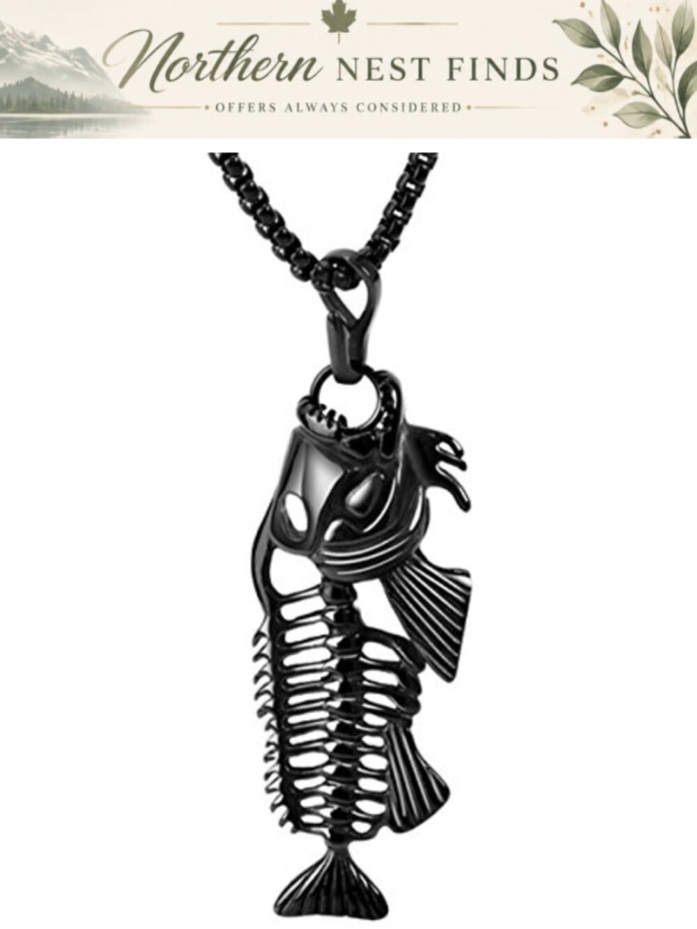 Stainless Steel Fishbone Pendant Necklace 24 Inch Cable Chain Men Gothic